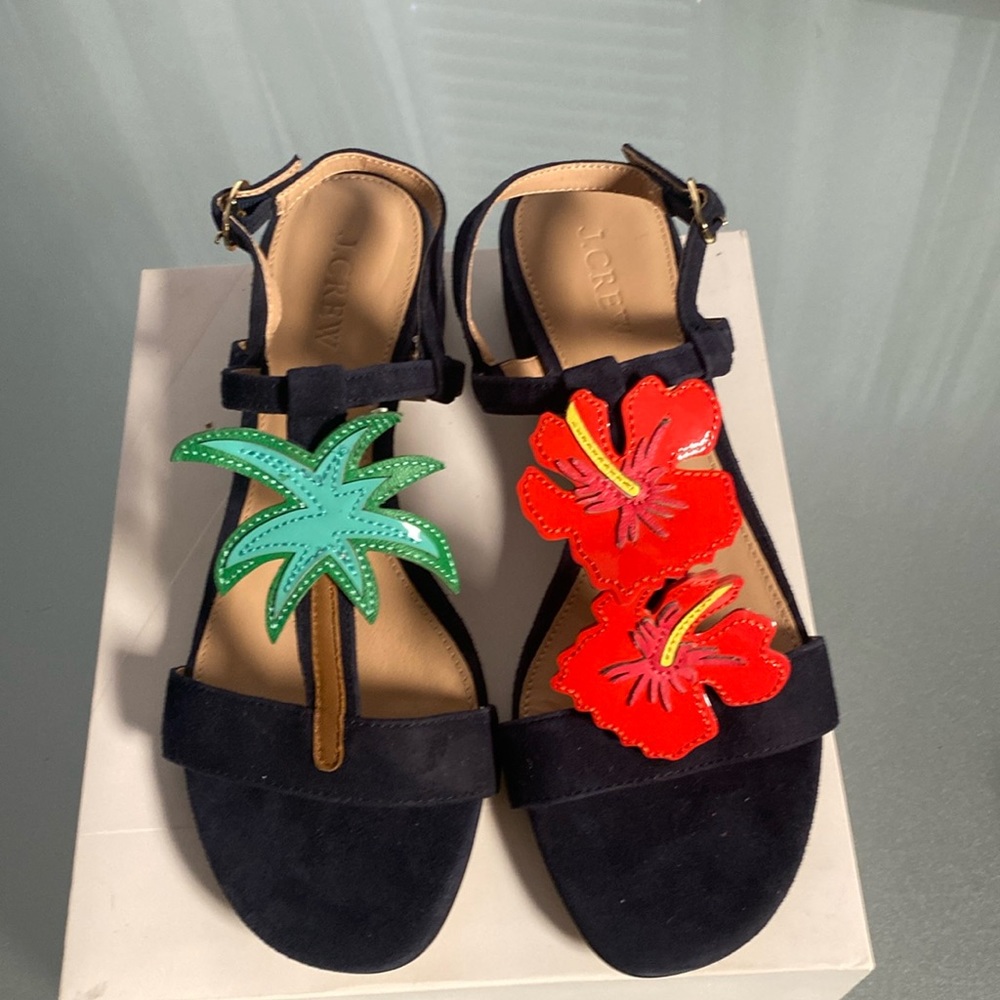 J. Crew Navy Sandals with Floral and Palm Accents - Picture 2 of 5